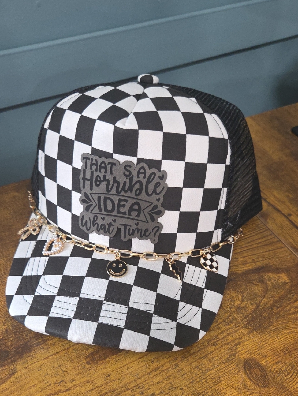 Black & White Checkerboard Trucker Hat with Charm Chain